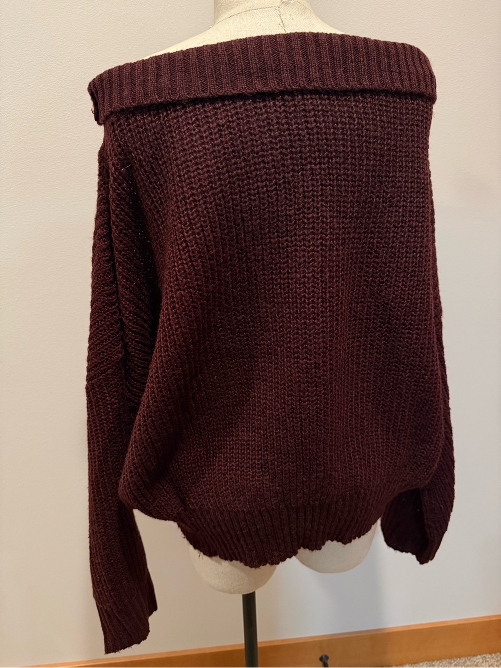 Off-the-Shoulder Knit Sweater in Burgundy